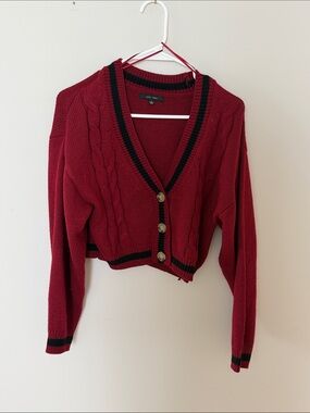 Love Tree Burgundy V-Neck Cropped Cardigan with Black Trim